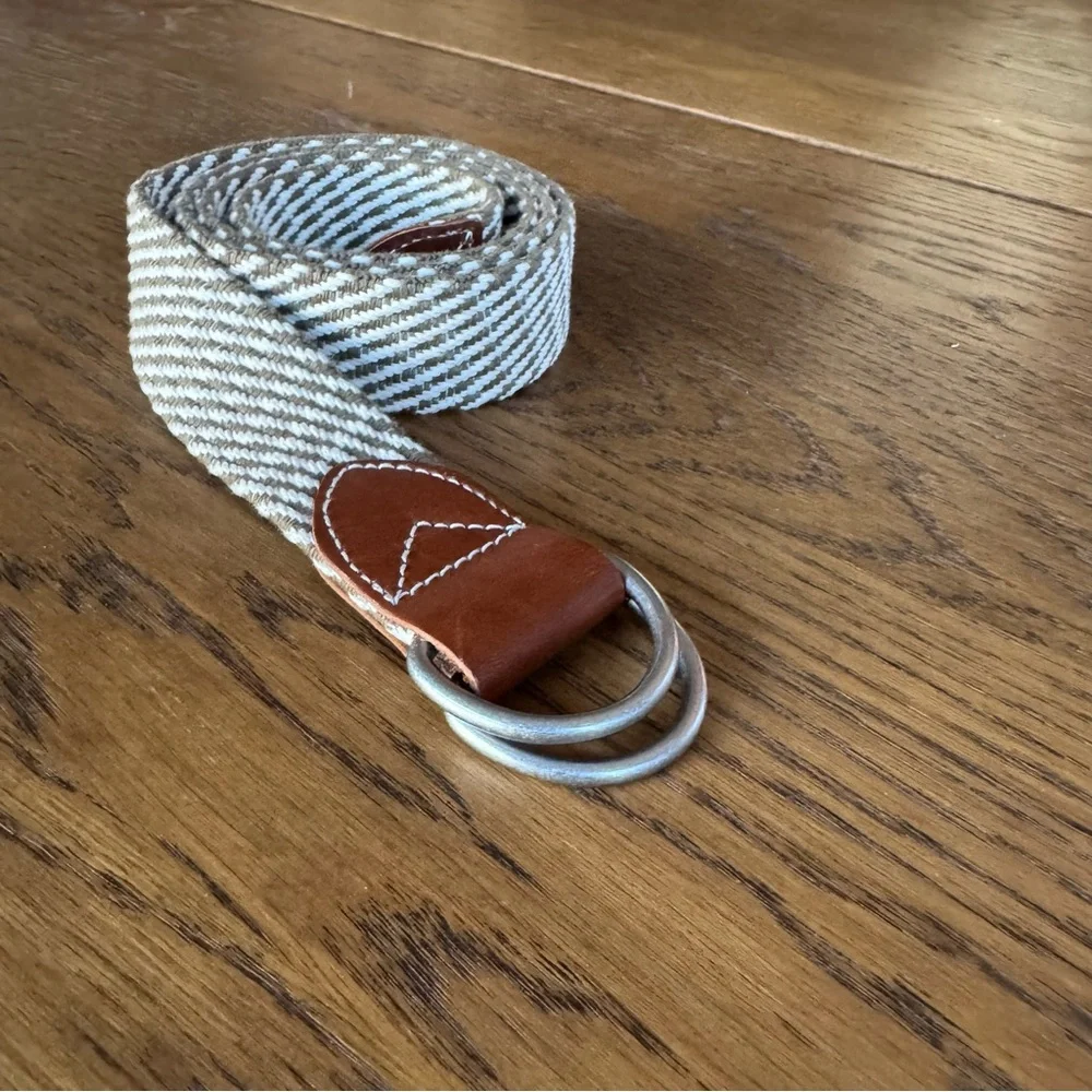 J Crew‎ Woven Belt Men cream & tan leather accent silver buckle Size L